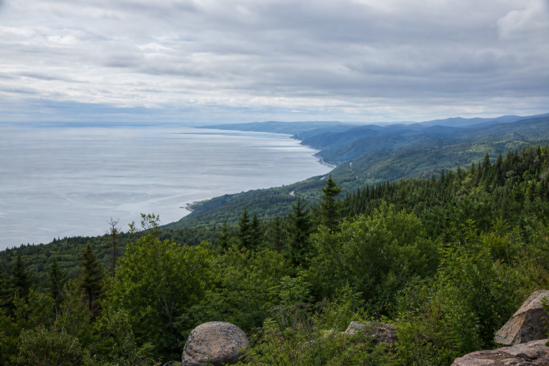 View over Charlevoix hills dropping to the St. Lawrence river from Route 138 between Baie-Saint-Paul and La Malbaie
