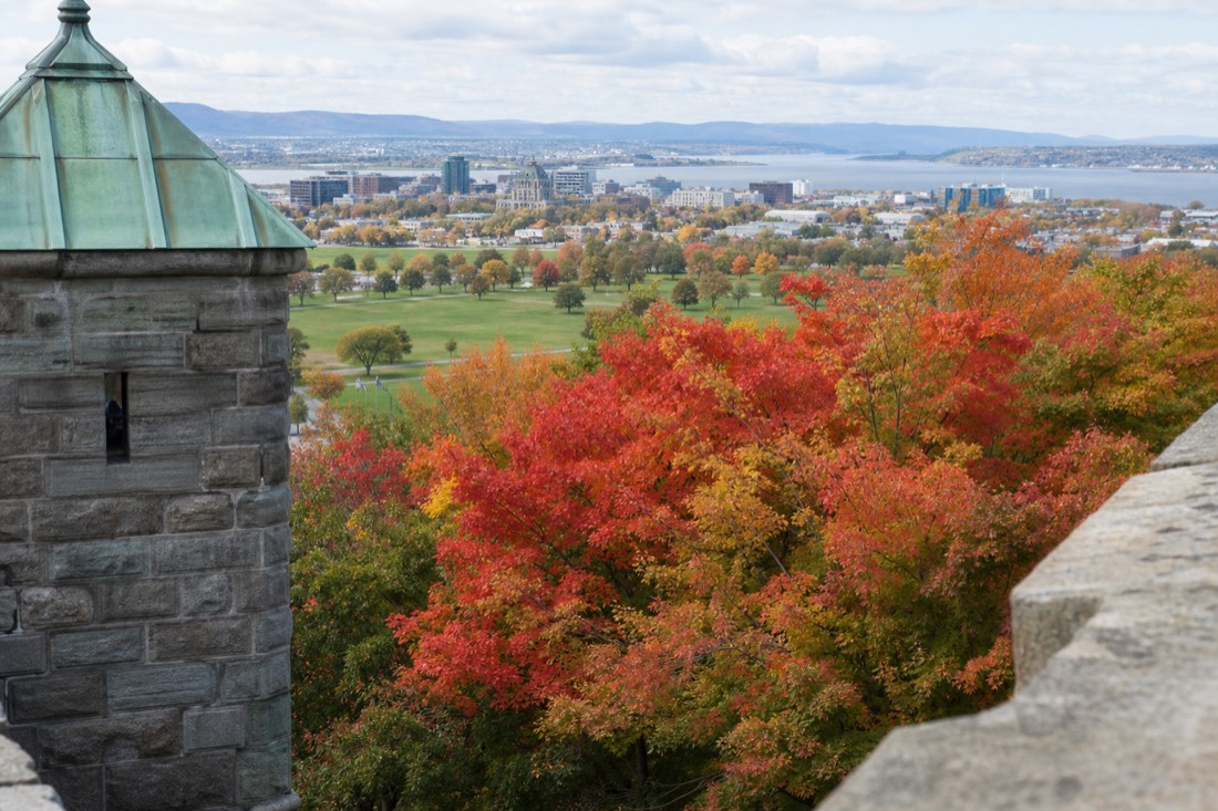 Maples turning red and orange above the Plains of Abraham in Quebec City during late September foliage peak
