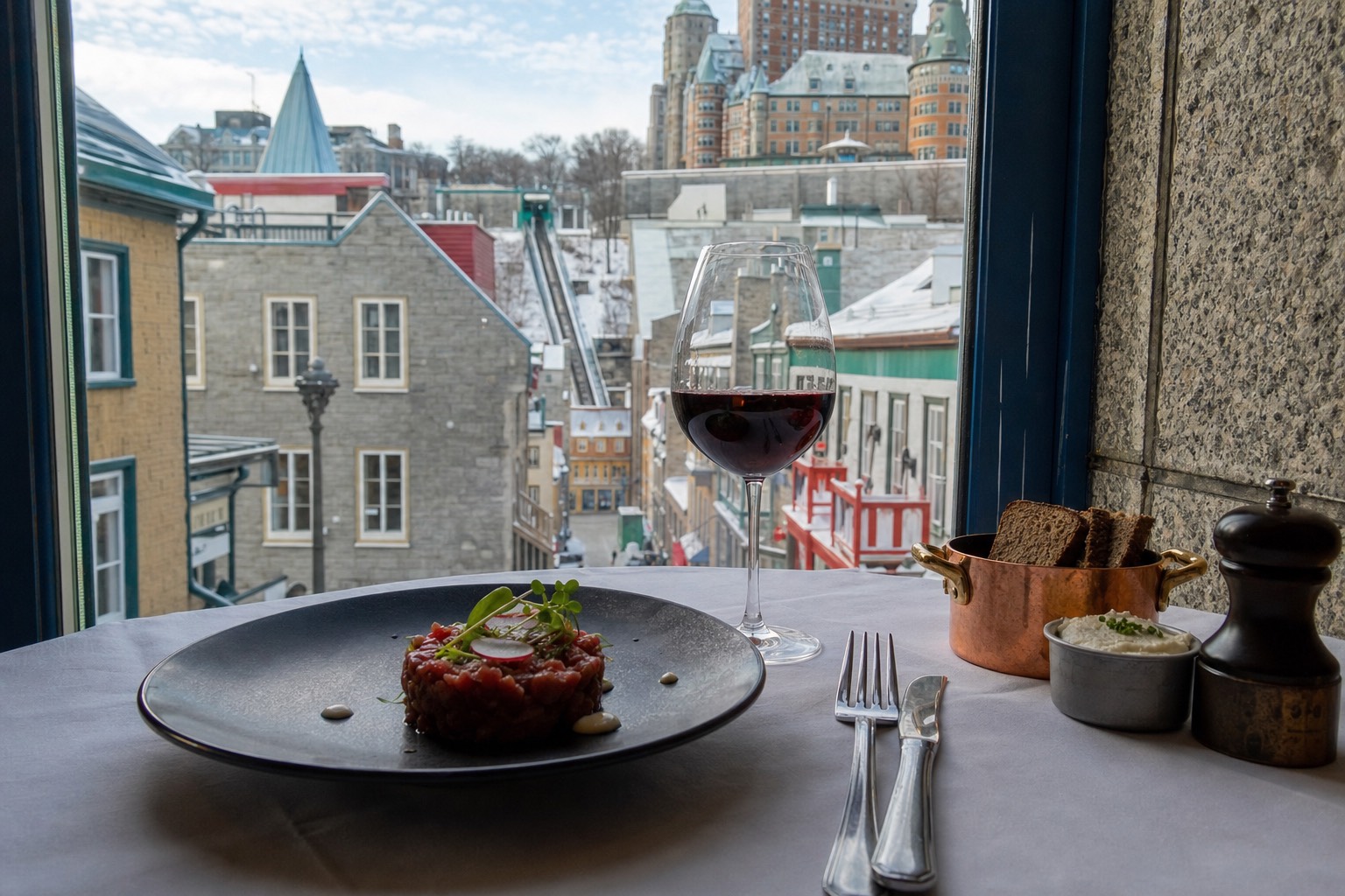 White-clothed table with beef tartare and a glass of red wine beside a window overlooking a snowy Old Quebec street