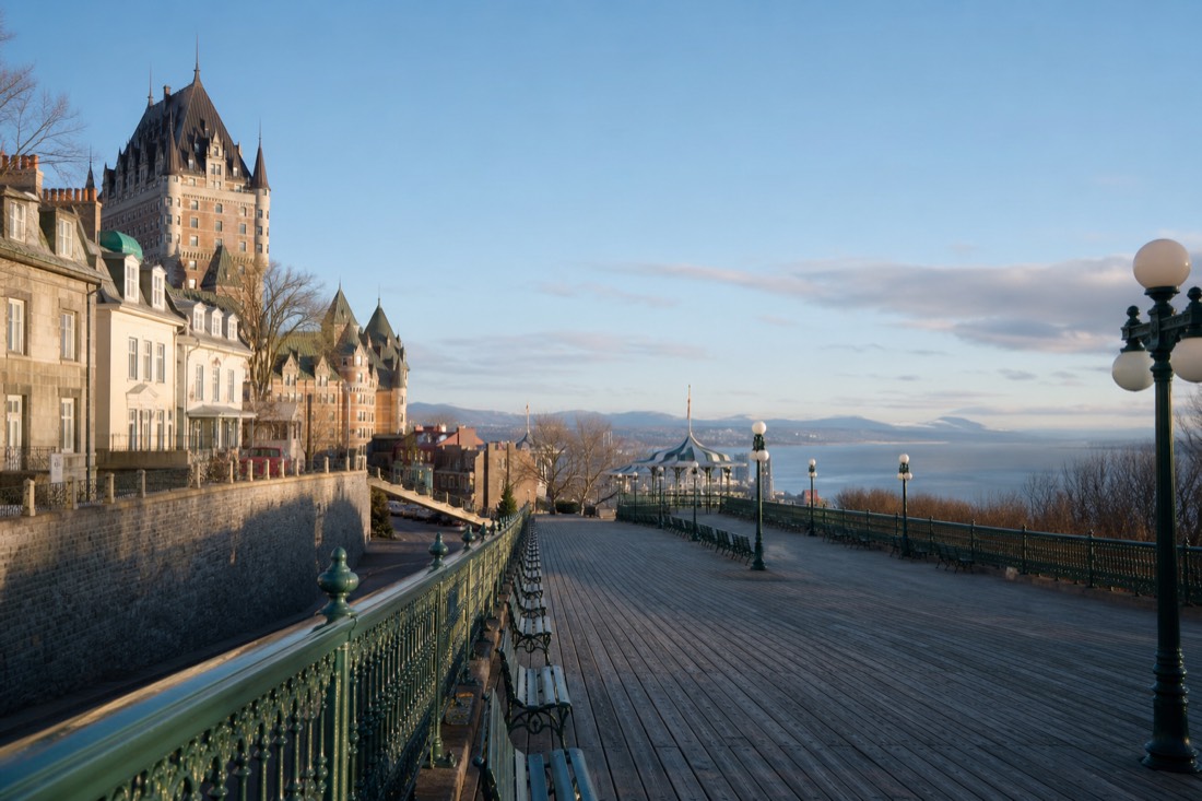 Morning light on Dufferin Terrace with the boardwalk nearly empty in the off season