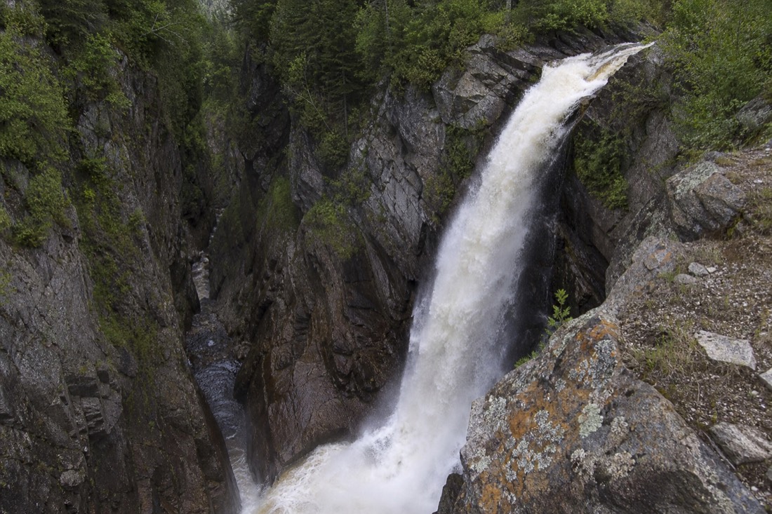 The 74-metre waterfall at Canyon Sainte-Anne dropping into a narrow granite gorge east of Quebec City
