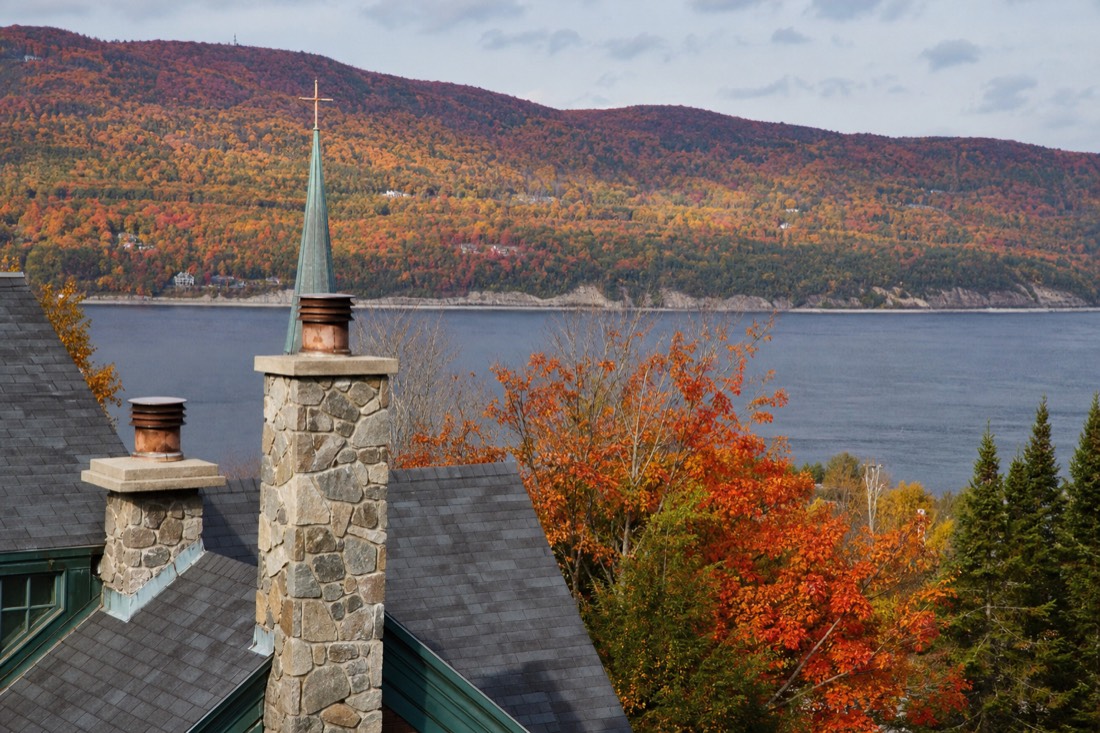 Charlevoix hills in autumn colour above the St. Lawrence River in October