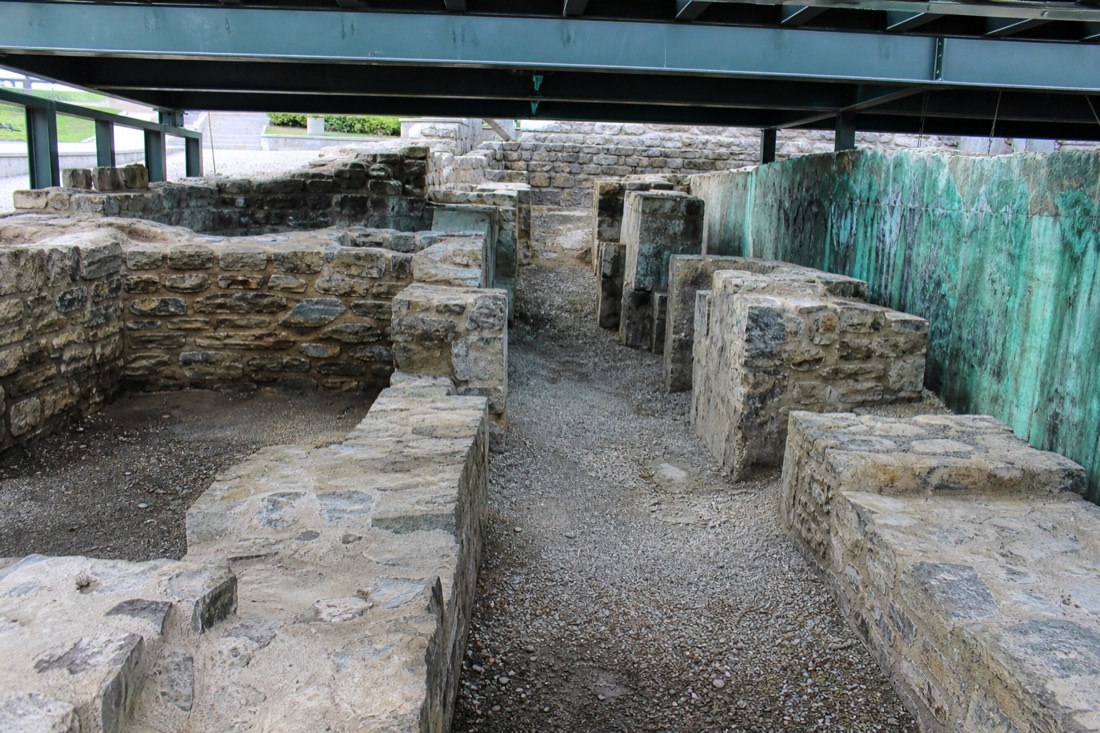 Stone foundations of the Saint-Louis Forts archaeological crypt beneath the Dufferin Terrace boardwalk