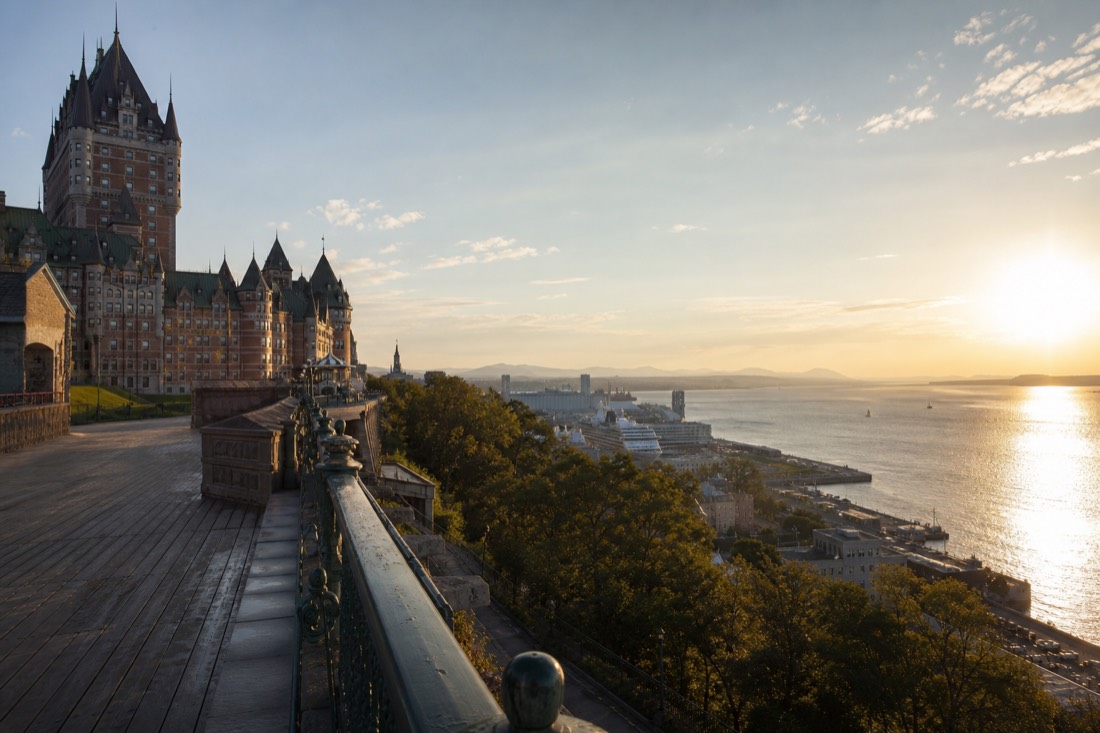 Golden evening light on the St. Lawrence River seen from the Dufferin Terrace boardwalk in Quebec City