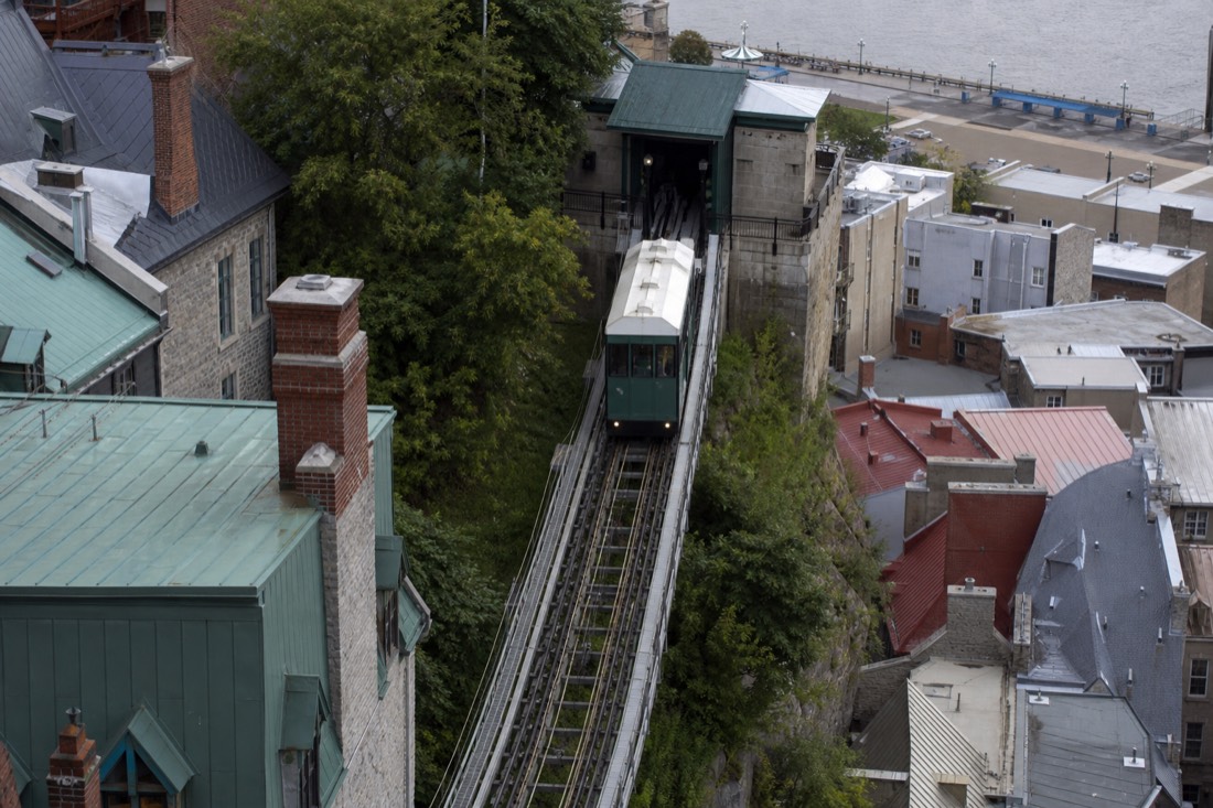The Old Quebec funicular car descending the cliff between Upper Town and the Petit Champlain district