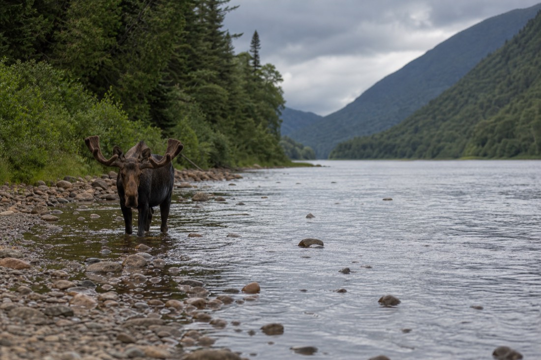 Moose standing in shallow water at the edge of the Jacques-Cartier River in the national park