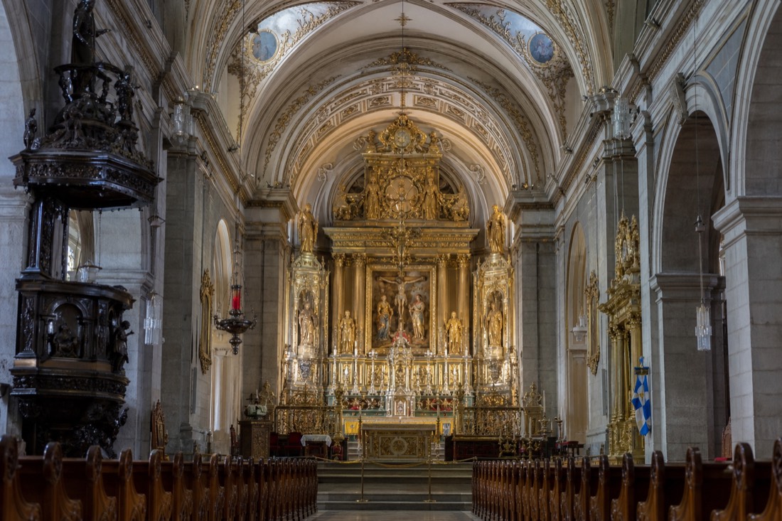 Interior nave of Notre-Dame de Québec Basilica-Cathedral looking toward the ornate gilded high altar