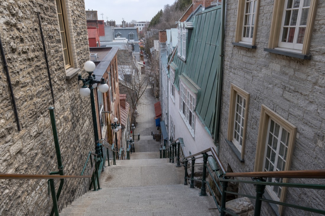 The 59-step Escalier Casse-Cou breakneck stairs descending into rue du Petit-Champlain in Old Quebec