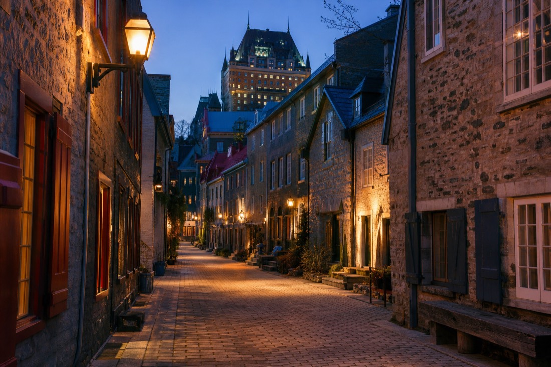 Rue du Petit-Champlain lit up in the evening after the crowds have gone, Lower Town Quebec City