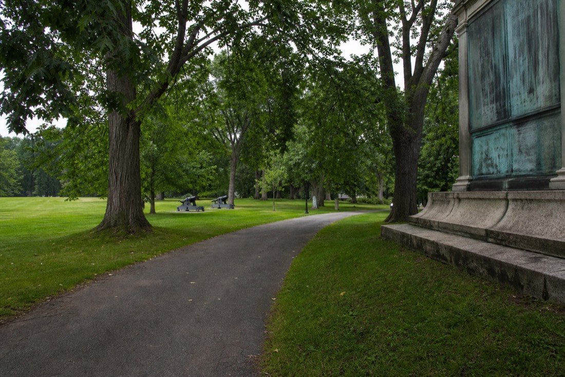 Footpath and mature trees inside Battlefields Park near the Plains of Abraham Museum in Quebec City