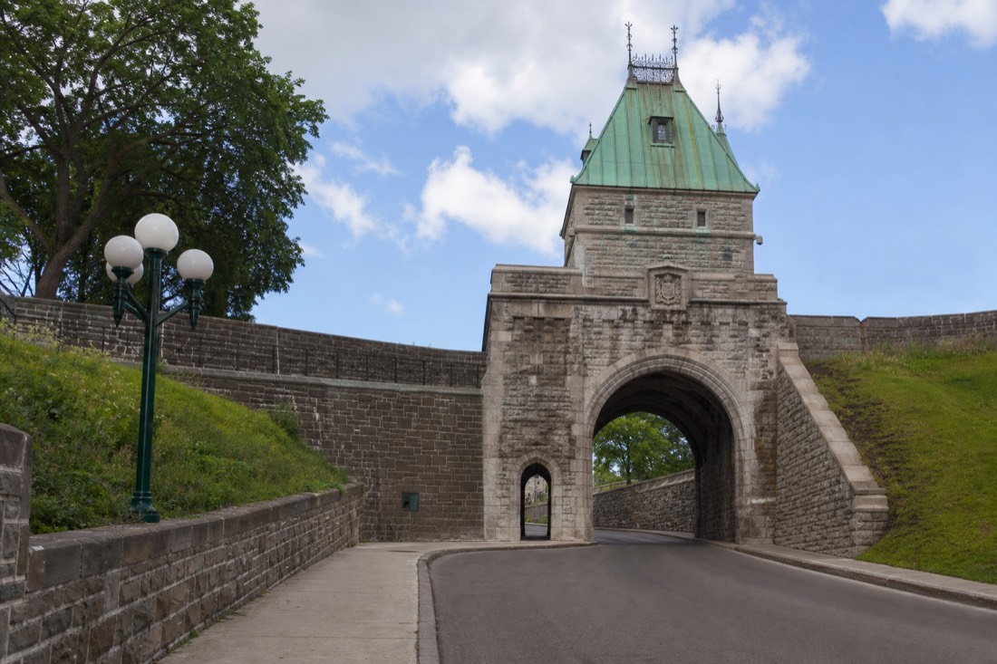 Porte Saint-Louis stone gate in the Old Quebec walls, the walking route toward the Plains of Abraham