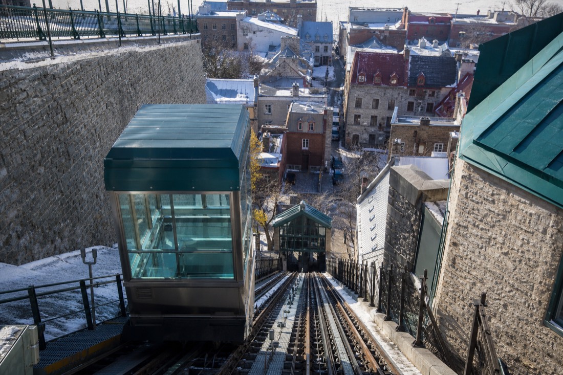 Glass car of the Old Quebec funicular descending from Dufferin Terrace toward Petit Champlain