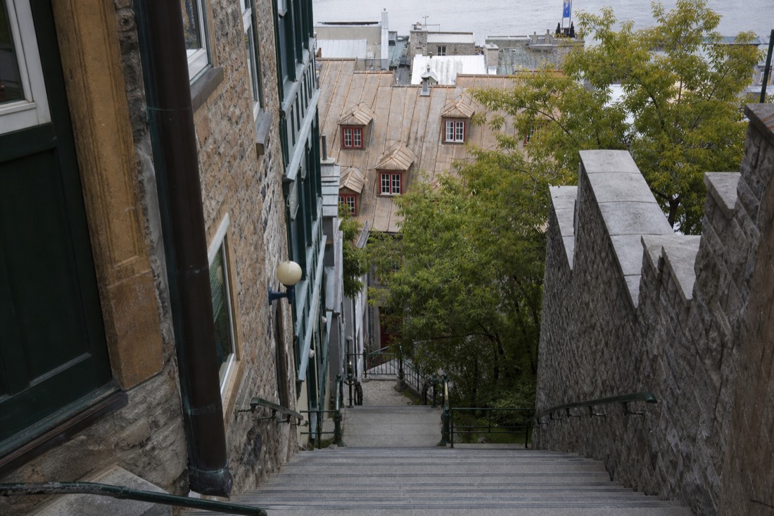 The Casse-Cou breakneck stairs descending toward the rooftops of rue du Petit-Champlain in Lower Town