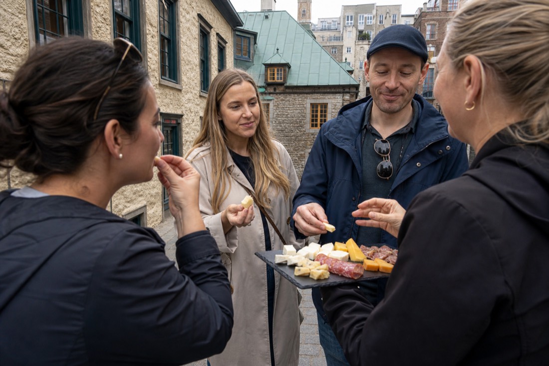 A small group tasting cheese and charcuterie with a guide on a food tour in Old Quebec