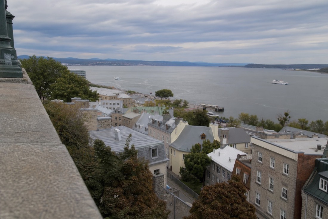 View from Dufferin Terrace in Upper Town over the rooftops of Lower Town and the St. Lawrence River